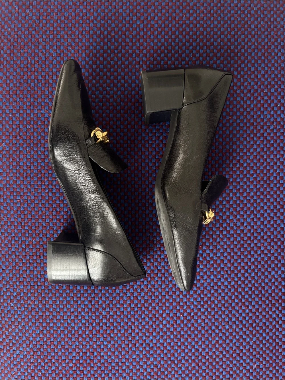 Tory Burch Black Leather Loafers with Gold Chain Detail